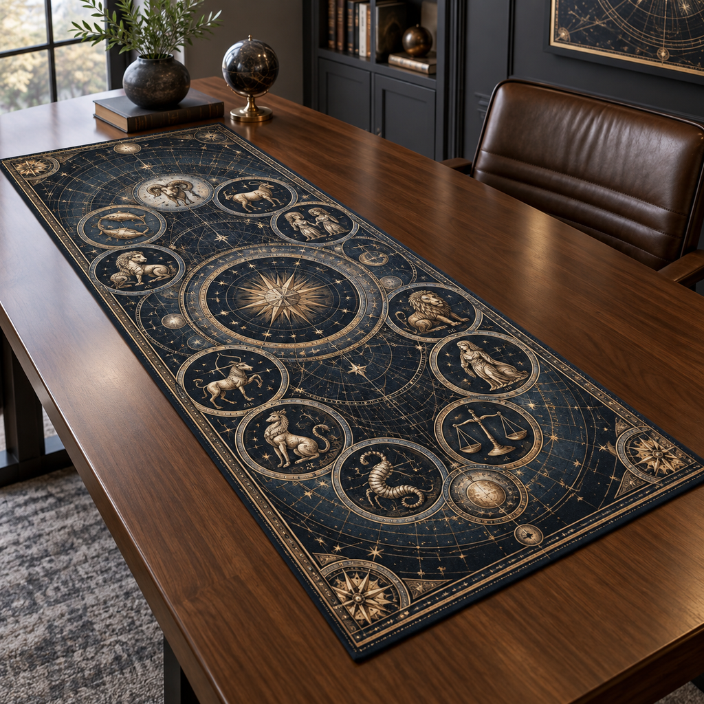 Zodiac Home Office Table Runner with flat printed optical 3D celestial gallery arches in graphite midnight blue brushed brass cognac and cool ivory