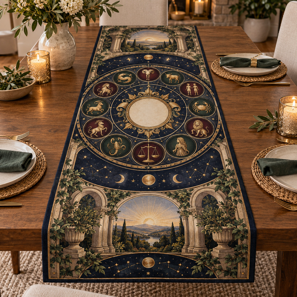 Personalized Zodiac Housewarming Table Runner showing sample family name integrated into flat printed optical 3D zodiac wheel artwork