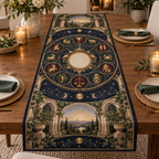Personalized Zodiac Housewarming Table Runner showing sample family name integrated into flat printed optical 3D zodiac wheel artwork
