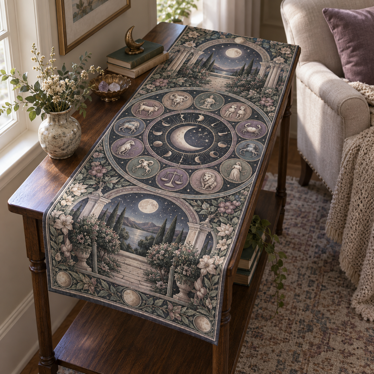 Zodiac Quiet Corner Table Runner with flat printed optical 3D celestial gallery arches in dusty indigo muted sage antique pewter mauve and warm cream