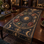 Zodiac Collector Birthday Table Runner with flat printed optical 3D celestial gallery arches in obsidian blue aged bronze garnet malachite and vellum