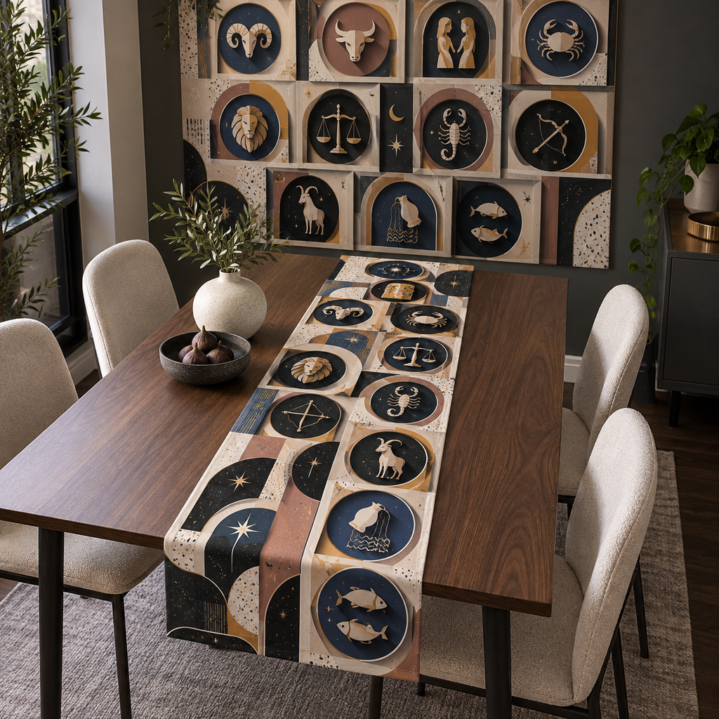 Zodiac Apartment Gallery Table Runner with flat printed optical 3D celestial gallery arches in charcoal cobalt ochre dusty rose and bone white