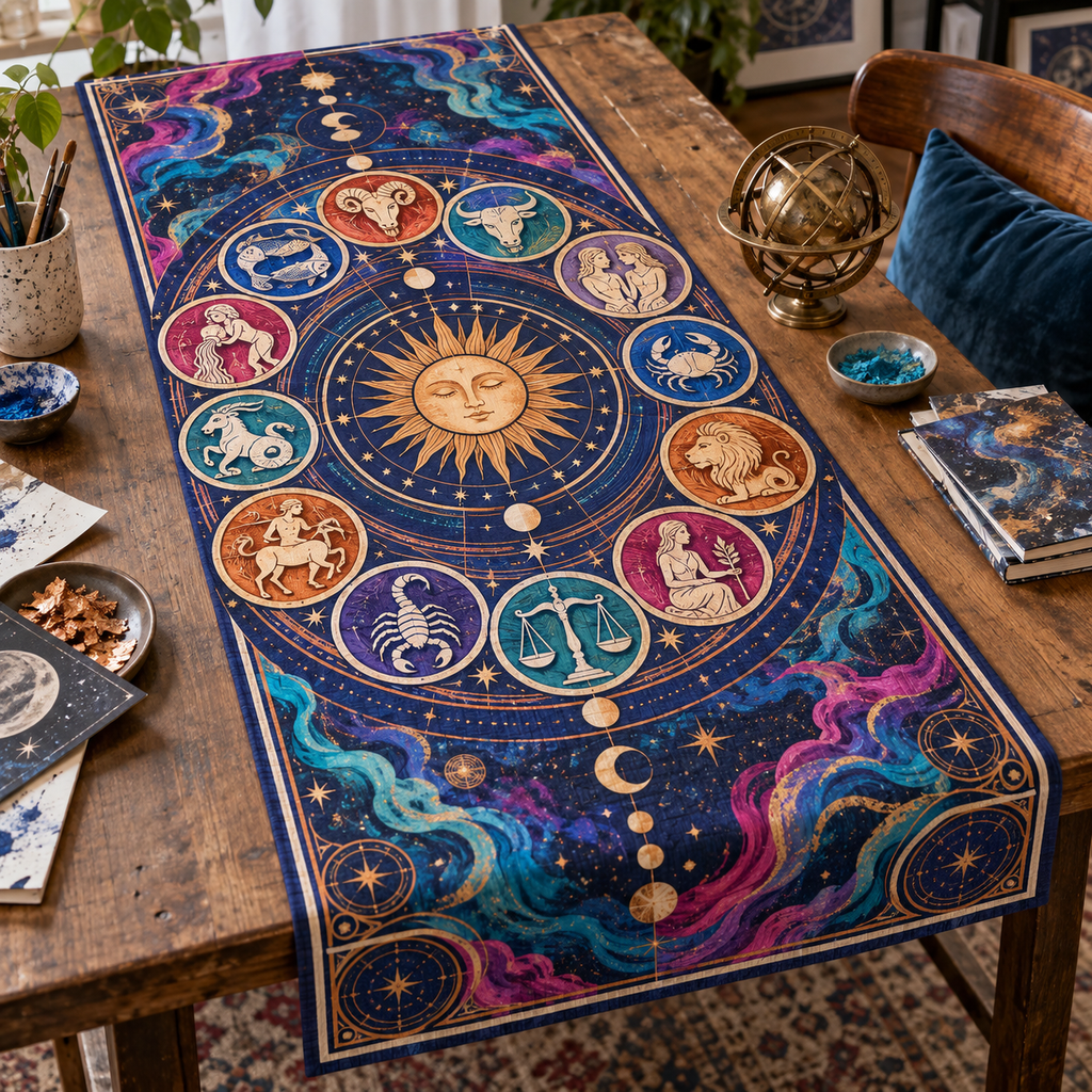 Zodiac Hobby Studio Table Runner with flat printed optical 3D celestial gallery arches in ultramarine magenta turquoise copper orange and soft cream