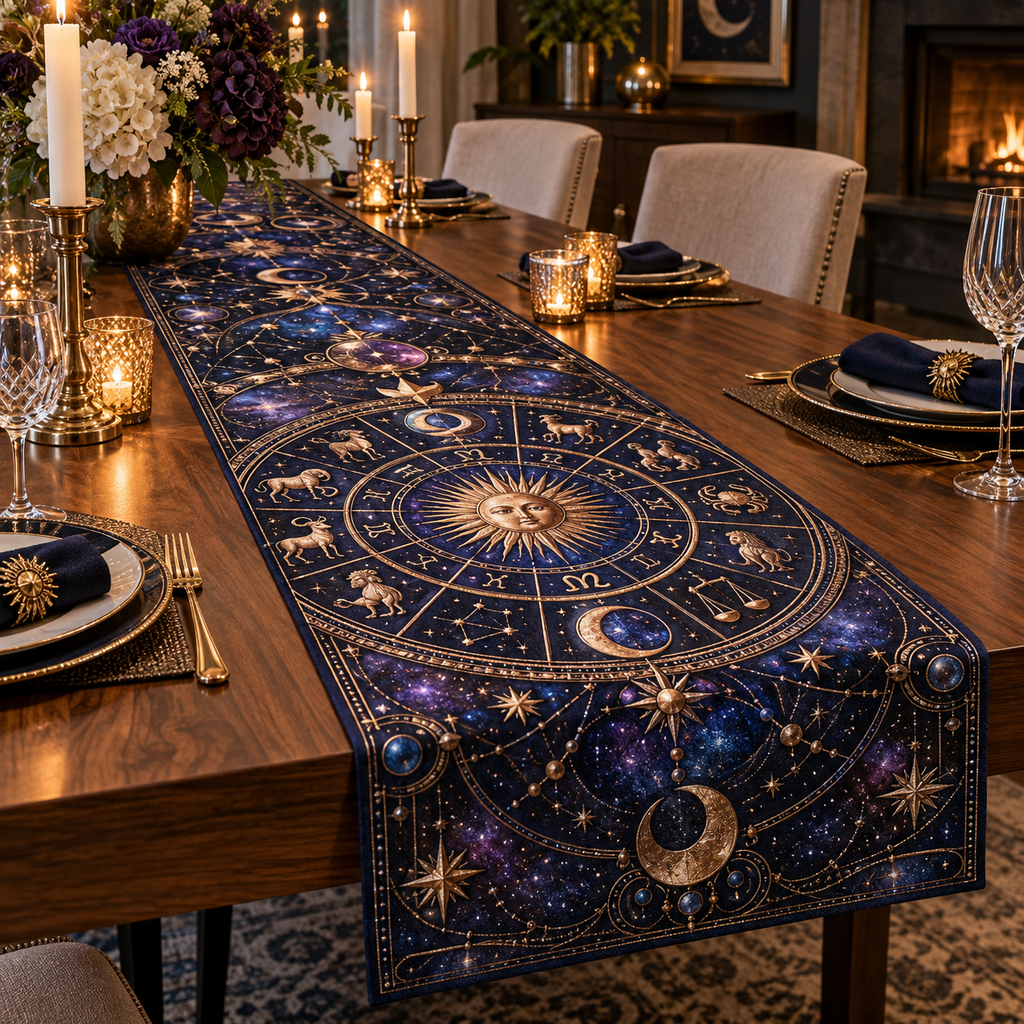 Zodiac Host Thank You Table Runner with flat printed optical 3D zodiac wheel in midnight blue amethyst and copper gold