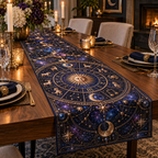 Zodiac Host Thank You Table Runner with flat printed optical 3D zodiac wheel in midnight blue amethyst and copper gold