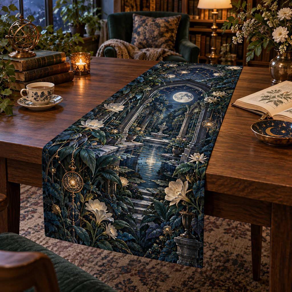 Celestial Botanical Garden Table Runner with flat printed optical 3D moonlit conservatory in indigo teal ivory copper gold and sapphire