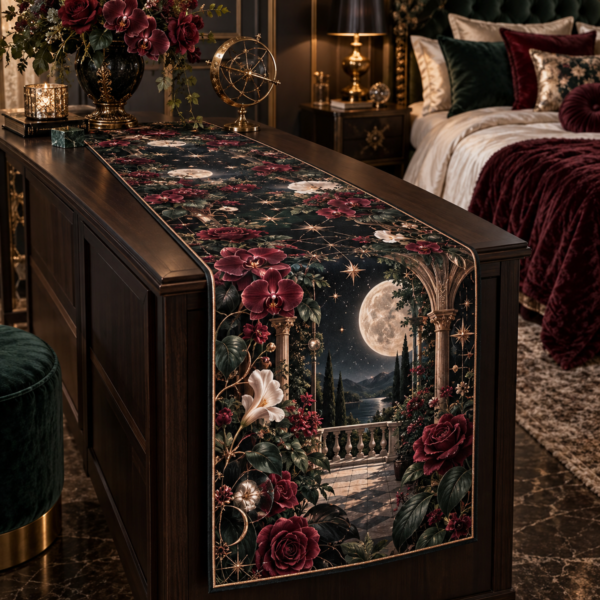 Moonlit Botanical Bedroom Table Runner with flat printed optical 3D baroque garden in black emerald burgundy pearl and rose gold