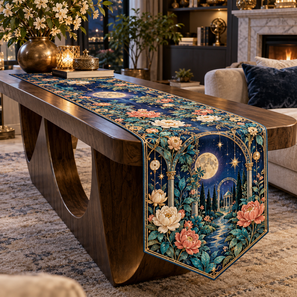 Celestial Garden Living Room Table Runner with flat printed optical 3D Art Nouveau garden in cobalt turquoise coral cream and antique brass
