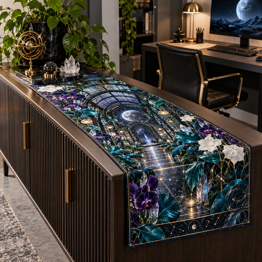 Celestial Garden Home Office Table Runner with flat printed optical 3D futuristic garden in graphite cyan violet white and gold