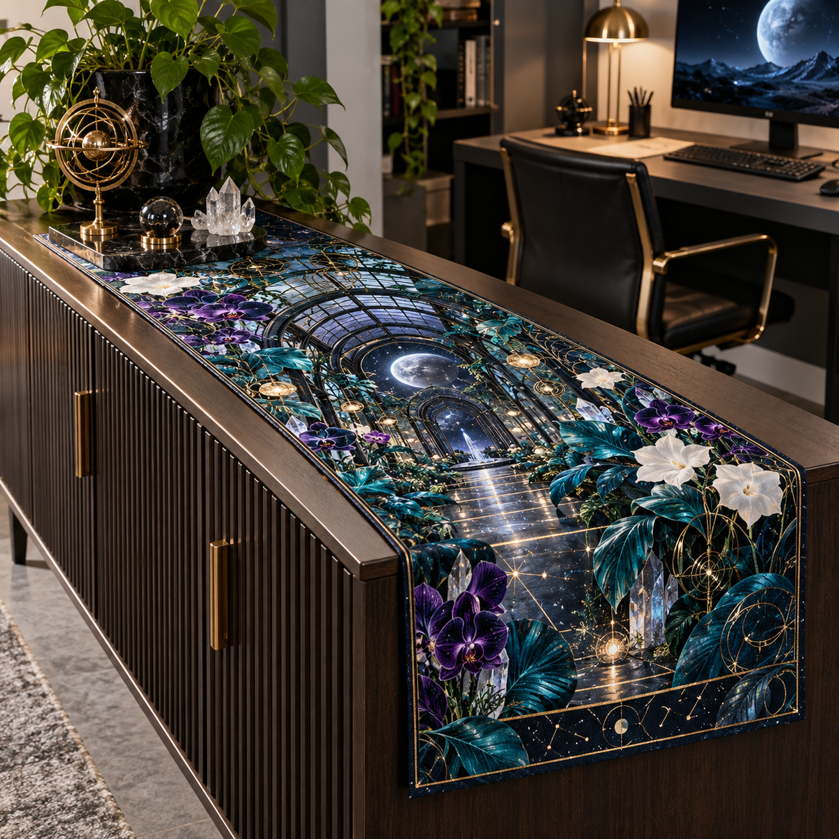 Celestial Garden Home Office Table Runner with flat printed optical 3D futuristic garden in graphite cyan violet white and gold
