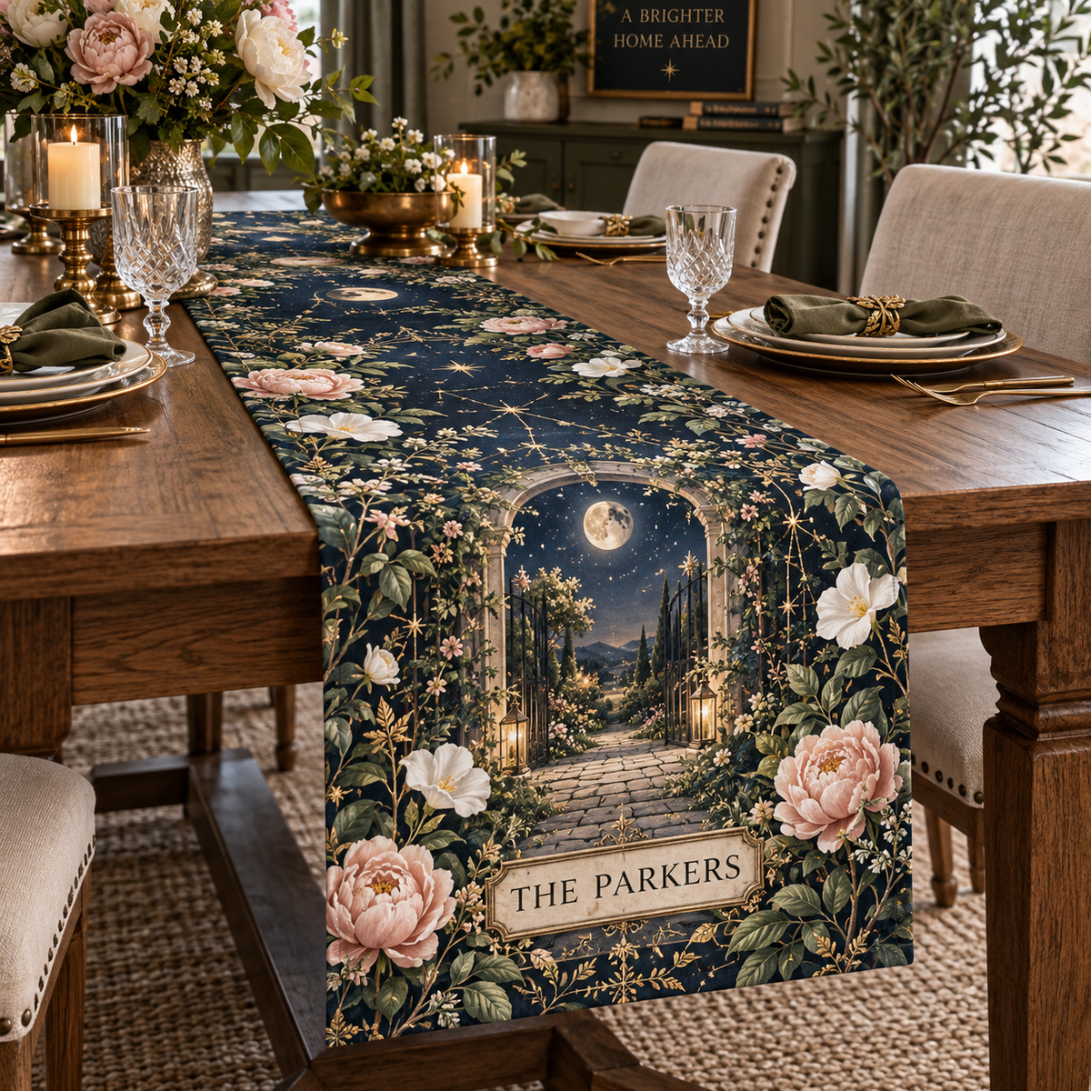 Personalized Celestial Garden Table Runner showing sample family name integrated into flat printed optical 3D celestial botanical artwork