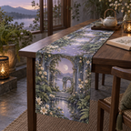 Moon Garden Quiet Corner Table Runner with flat printed optical 3D tranquil garden in lavender moss silver cream and misty blue
