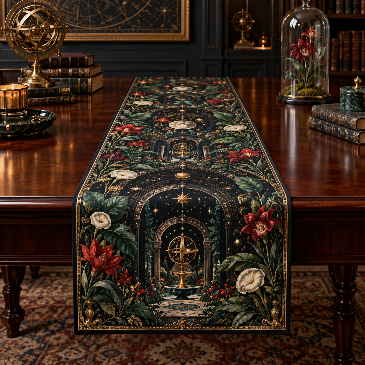 Collector Celestial Garden Table Runner with flat printed optical 3D museum garden in obsidian emerald ruby pearl and aged gold