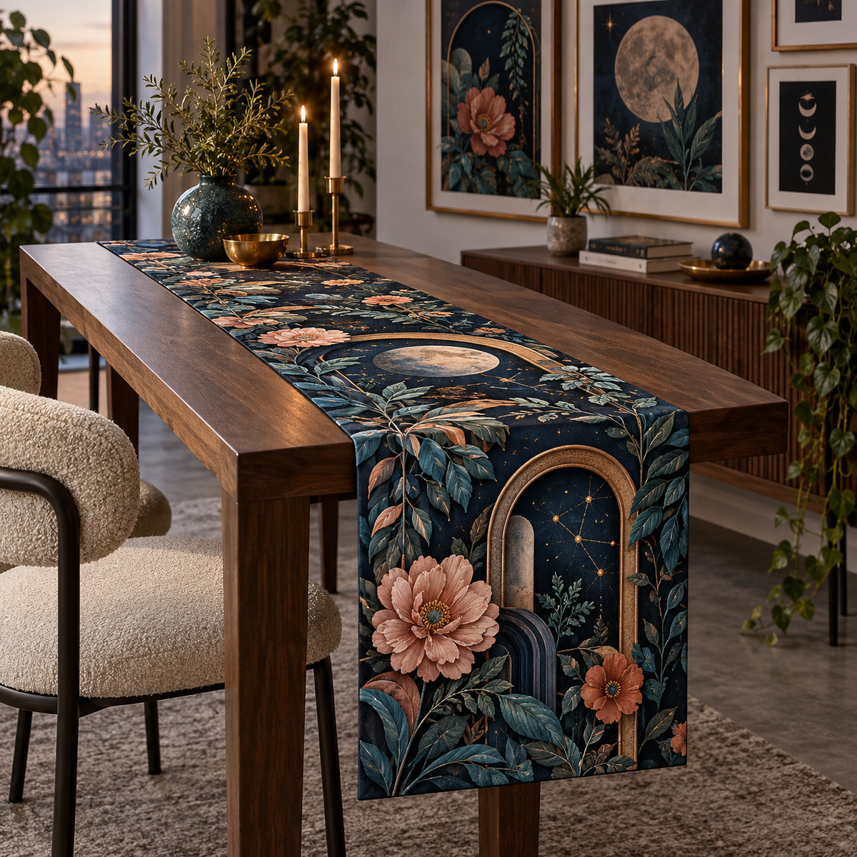 Celestial Gallery Apartment Table Runner with flat printed optical 3D gallery garden in ink blue teal terracotta blush and ochre