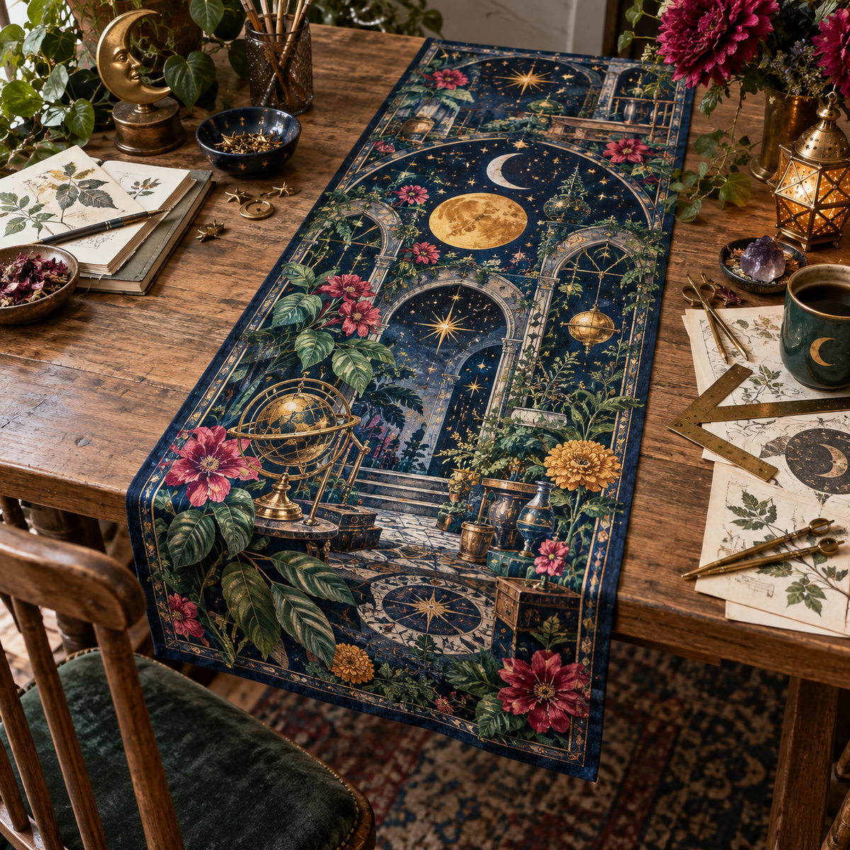 Celestial Garden Hobby Studio Table Runner with flat printed optical 3D creative atelier in indigo jade raspberry marigold and brass