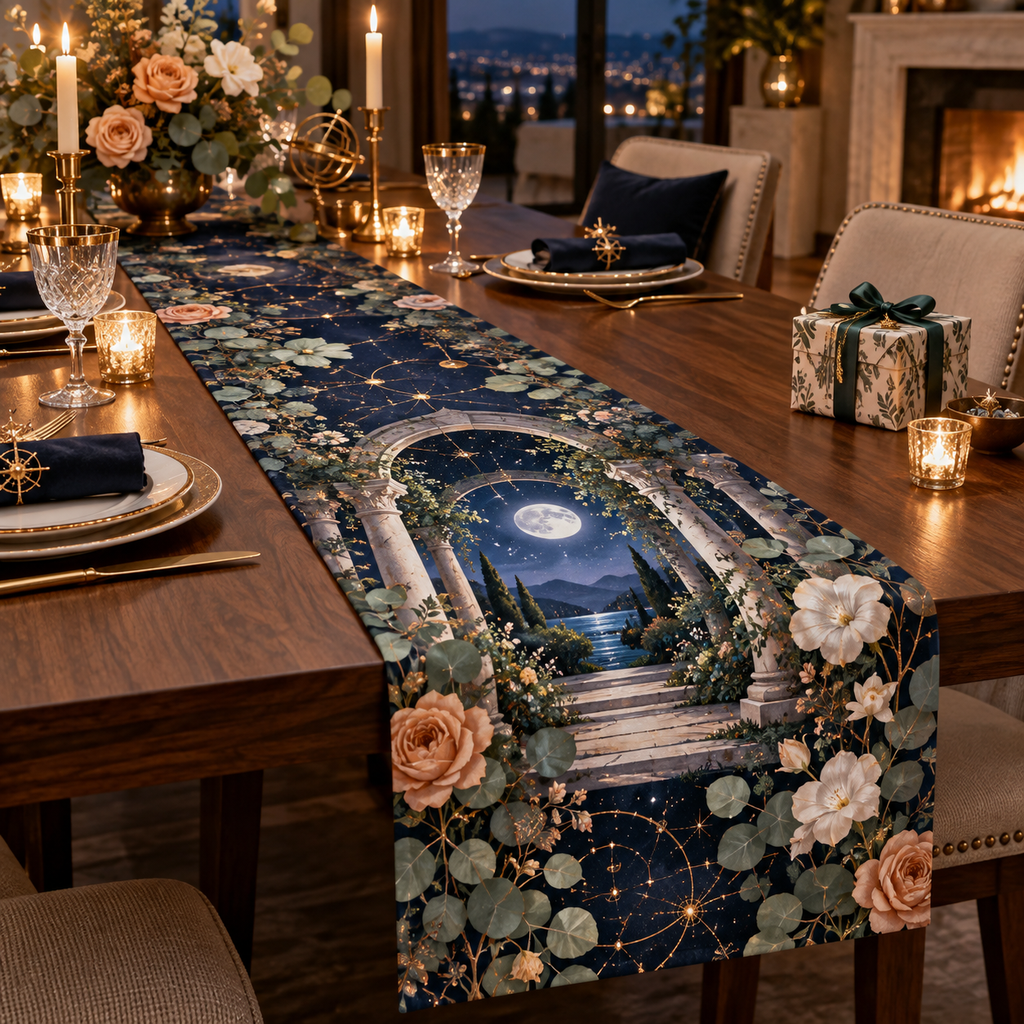 Celestial Garden Host Gift Table Runner with flat printed optical 3D welcoming veranda in sapphire eucalyptus apricot pearl and copper