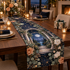 Celestial Garden Host Gift Table Runner with flat printed optical 3D welcoming veranda in sapphire eucalyptus apricot pearl and copper