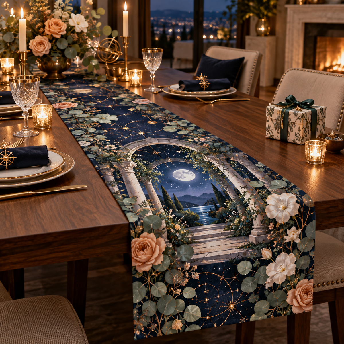 Celestial Garden Host Gift Table Runner with flat printed optical 3D welcoming veranda in sapphire eucalyptus apricot pearl and copper
