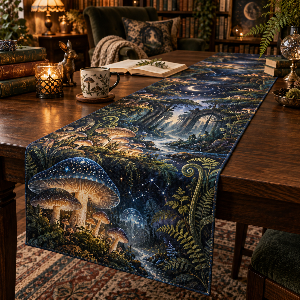 Celestial Mushroom Reading Nook Table Runner with flat printed optical 3D mushroom forest in sapphire moss amber and pearl