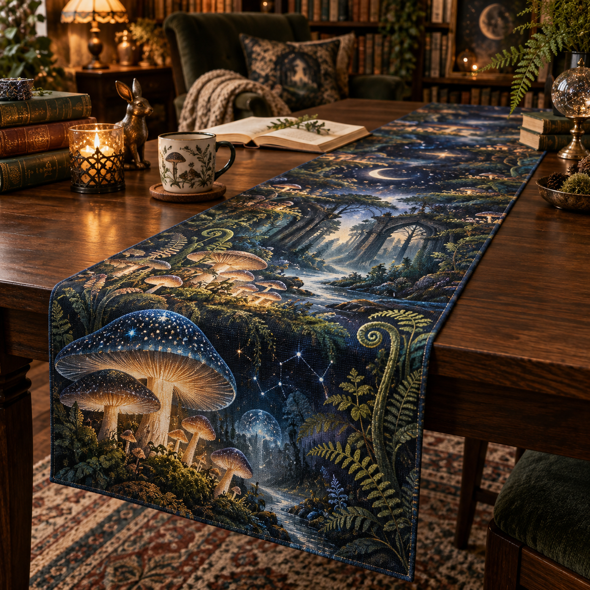 Celestial Mushroom Reading Nook Table Runner with flat printed optical 3D mushroom forest in sapphire moss amber and pearl