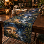 Celestial Mushroom Reading Nook Table Runner with flat printed optical 3D mushroom forest in sapphire moss amber and pearl