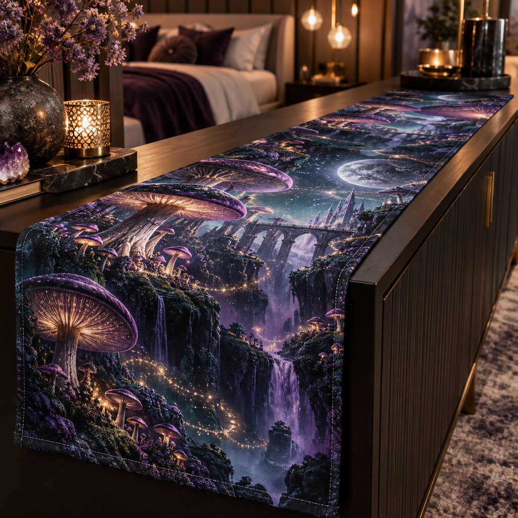 Celestial Mushroom Bedroom Table Runner with flat printed optical 3D mushroom forest in amethyst midnight teal orchid silver and gold