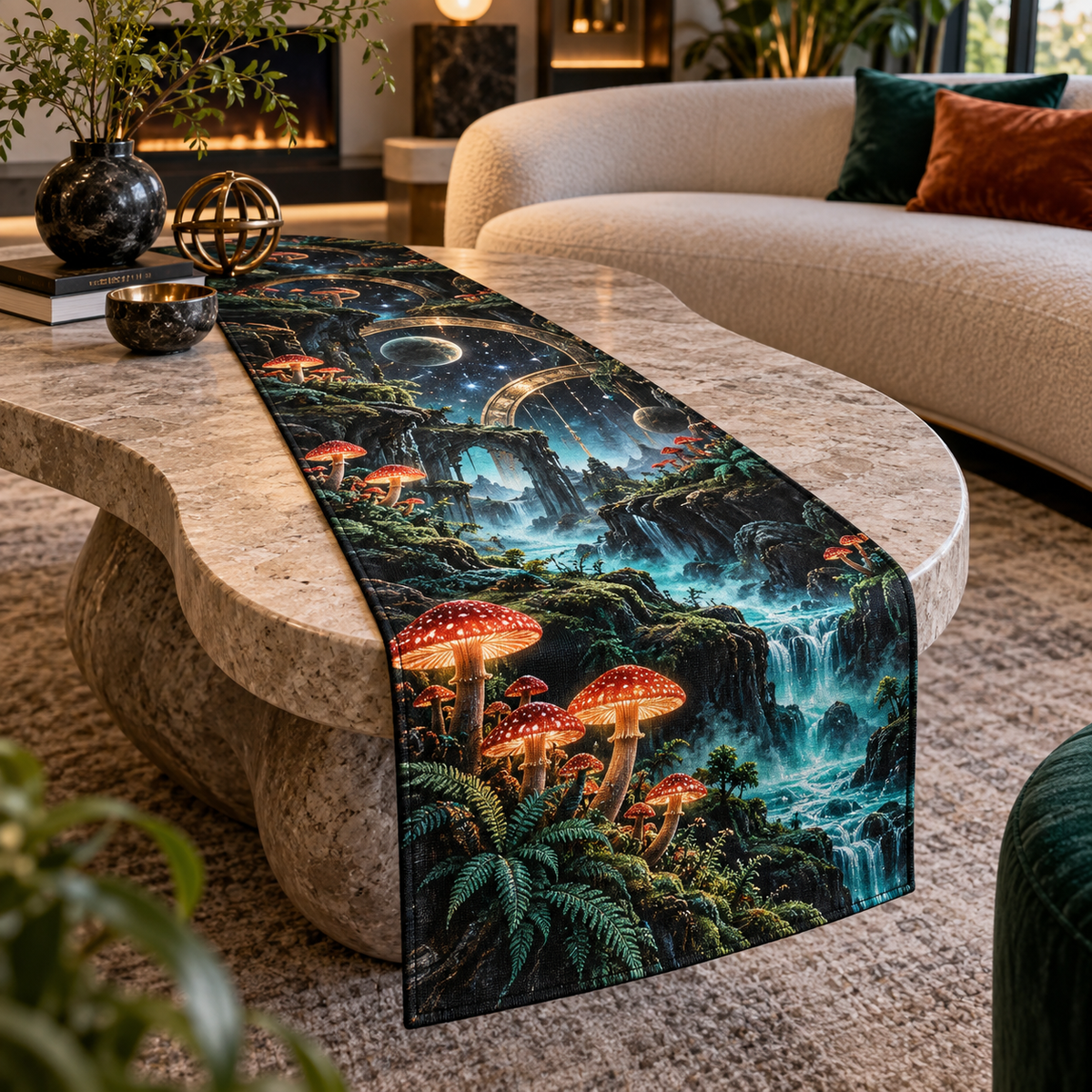 Celestial Mushroom Living Room Table Runner with flat printed optical 3D mushroom forest in coral emerald obsidian cyan and bronze