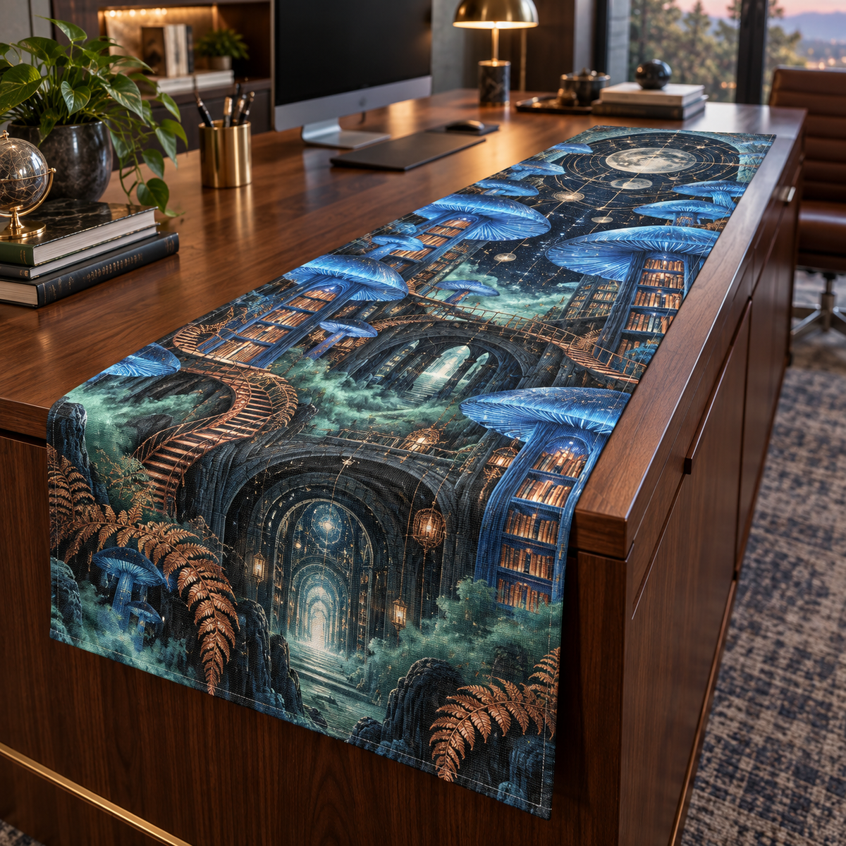 Celestial Mushroom Home Office Table Runner with flat printed optical 3D mushroom archive in blue copper charcoal jade and ivory