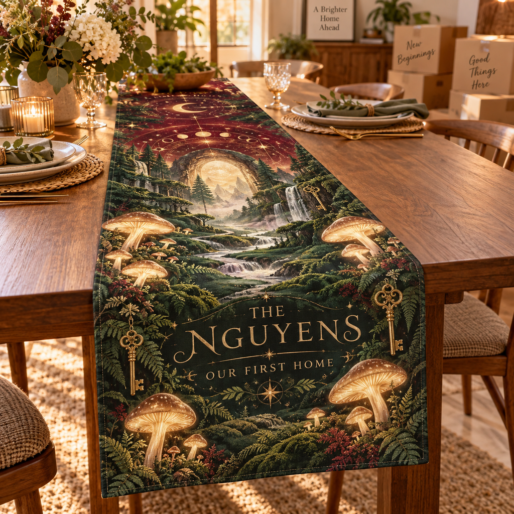 Personalized Celestial Mushroom Table Runner showing The Nguyens within flat printed optical 3D mushroom forest in champagne green burgundy ivory and gold