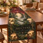 Personalized Celestial Mushroom Table Runner showing The Nguyens within flat printed optical 3D mushroom forest in champagne green burgundy ivory and gold