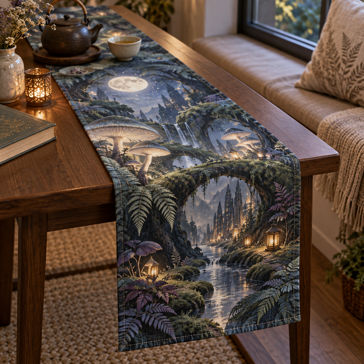 Celestial Mushroom Quiet Corner Table Runner with flat printed optical 3D mushroom sanctuary in moonstone blue sage plum and amber