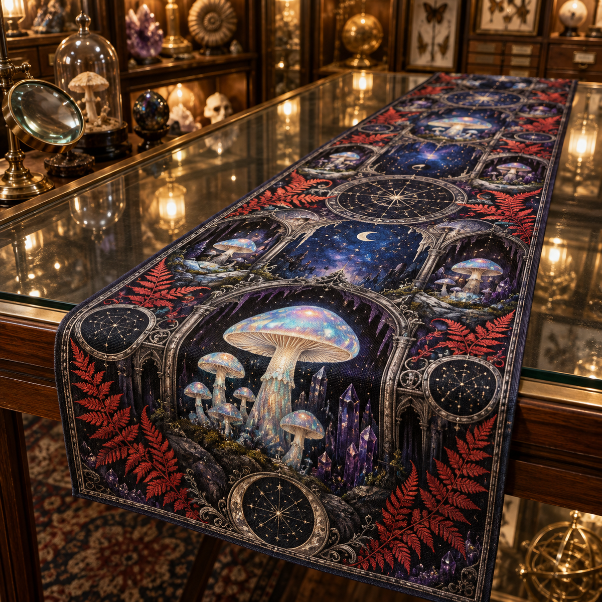 Celestial Mushroom Collector Table Runner with flat printed optical 3D opal mushroom collection in ultramarine vermilion violet and platinum