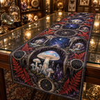 Celestial Mushroom Collector Table Runner with flat printed optical 3D opal mushroom collection in ultramarine vermilion violet and platinum