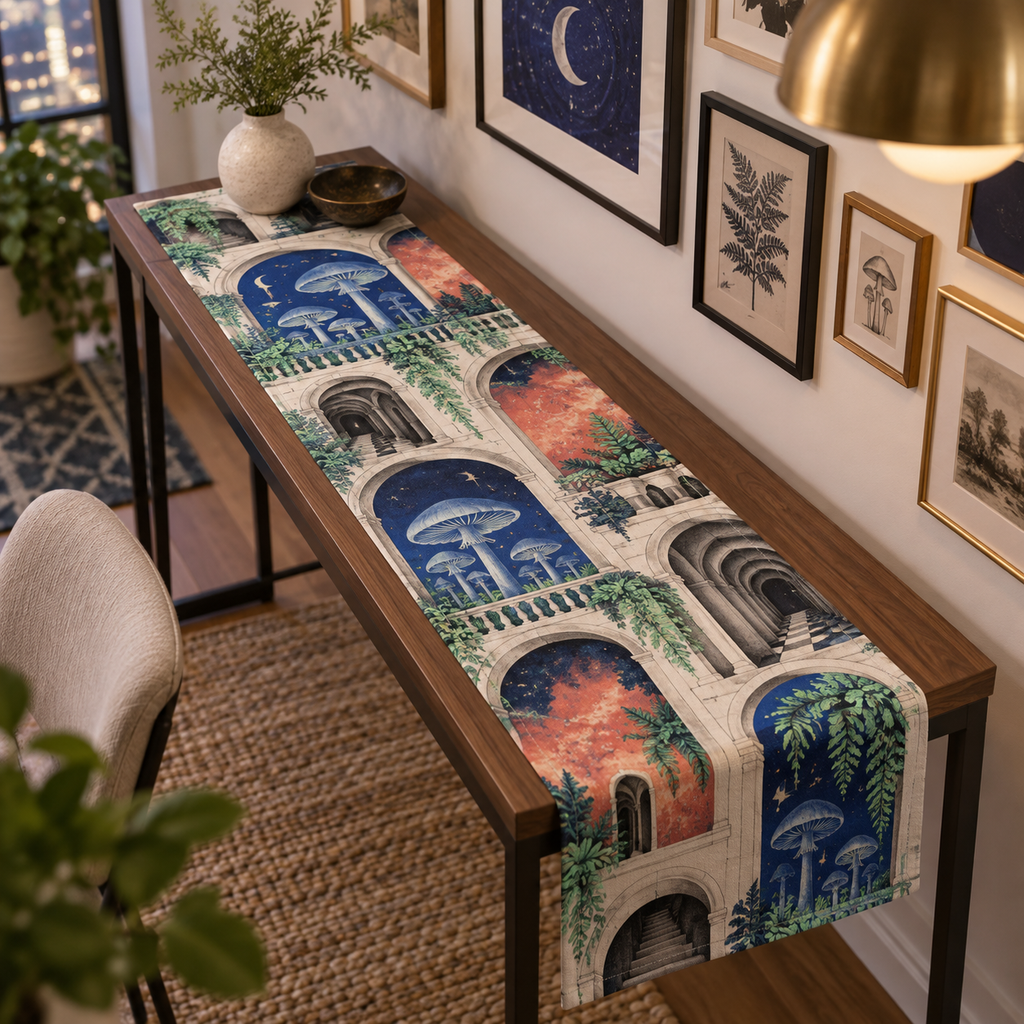 Celestial Mushroom Apartment Table Runner with flat printed optical 3D mushroom gallery in cobalt coral mint cream and graphite