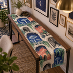 Celestial Mushroom Apartment Table Runner with flat printed optical 3D mushroom gallery in cobalt coral mint cream and graphite