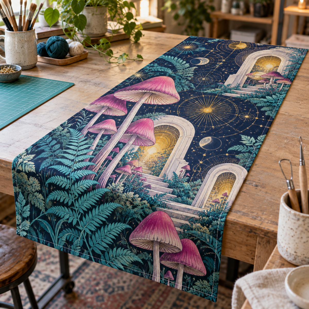 Celestial Mushroom Hobby Studio Table Runner with flat printed optical 3D maker studio in magenta turquoise navy saffron and white