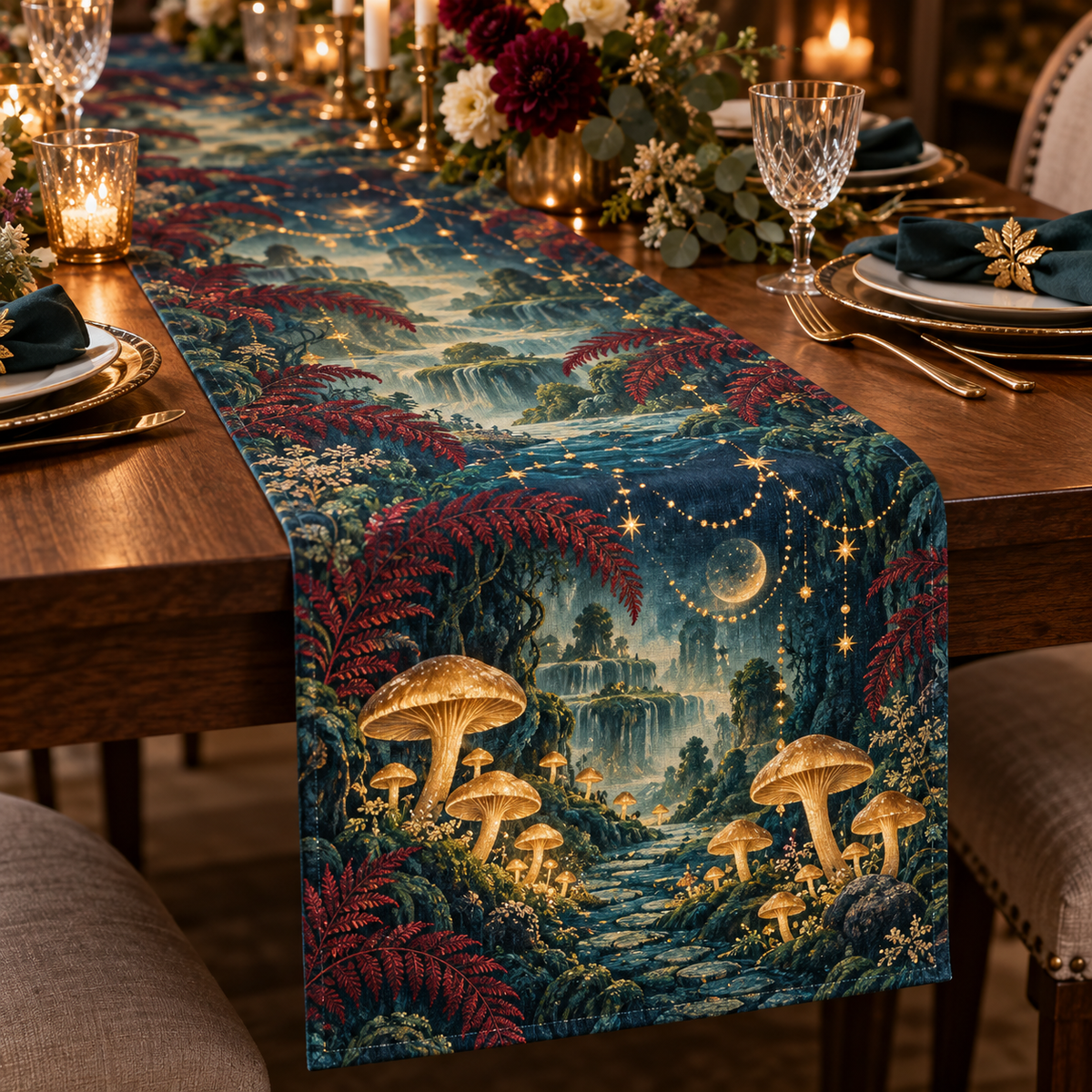 Celestial Mushroom Host Gift Table Runner with flat printed optical 3D welcome path in honey gold peacock garnet celadon and pearl