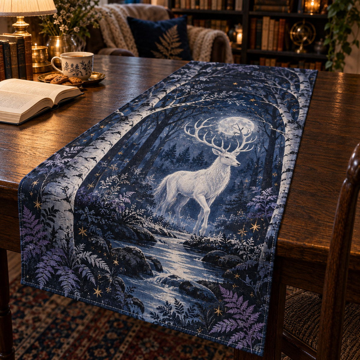 Moonlit White Stag Reading Nook Table Runner with flat printed optical 3D white stag forest in midnight blue silver frost blue violet and gold