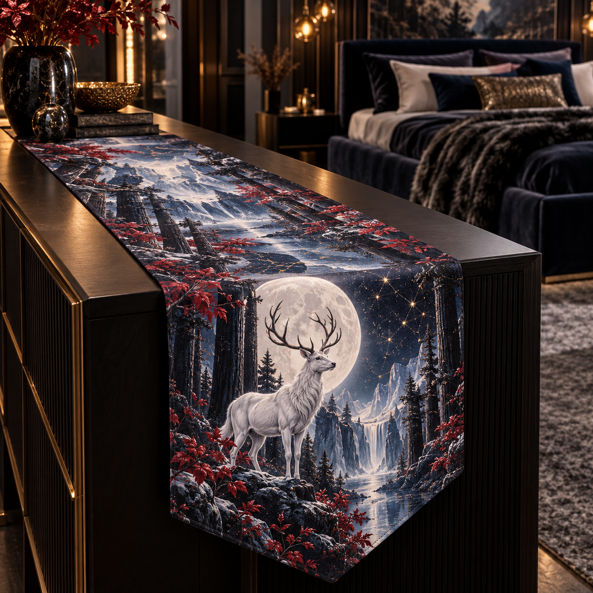 Moonlit White Stag Bedroom Table Runner with flat printed optical 3D white stag forest in obsidian pearl sapphire ruby and champagne