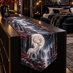 Moonlit White Stag Bedroom Table Runner with flat printed optical 3D white stag forest in obsidian pearl sapphire ruby and champagne