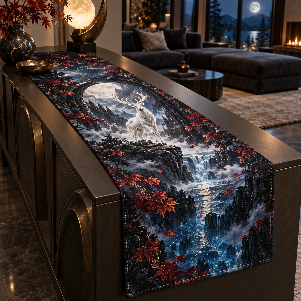 Moonlit White Stag Living Room Table Runner with flat printed optical 3D white stag forest in obsidian sapphire garnet pearl and champagne