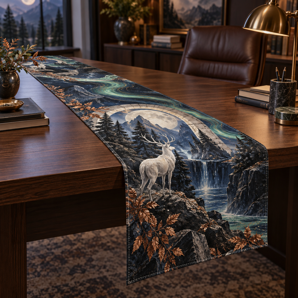 Moonlit White Stag Home Office Table Runner with flat printed optical 3D stag scene in charcoal moonstone cobalt copper and pine green