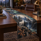 Moonlit White Stag Home Office Table Runner with flat printed optical 3D stag scene in charcoal moonstone cobalt copper and pine green