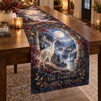 Personalized Moonlit White Stag Table Runner showing The Parkers within flat printed optical 3D stag forest in moonstone ivory cobalt wine and gold