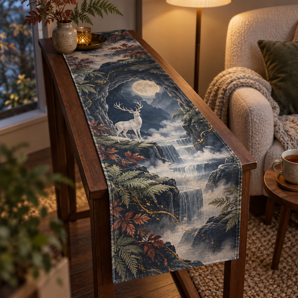 Moonlit White Stag Quiet Corner Table Runner with flat printed optical 3D stag grotto in ink blue ivory sage rosewood and antique gold