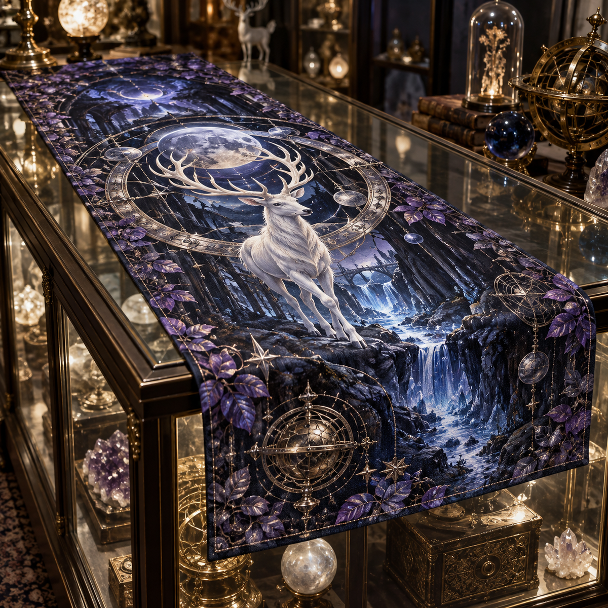 Moonlit White Stag Collector Table Runner with flat printed optical 3D stag astrolabe scene in ebony silver ultramarine amethyst and bronze
