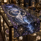 Moonlit White Stag Collector Table Runner with flat printed optical 3D stag astrolabe scene in ebony silver ultramarine amethyst and bronze