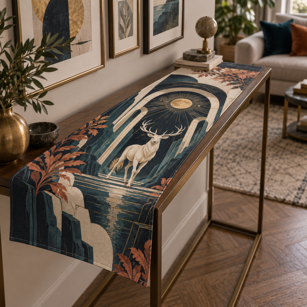 Moonlit White Stag Gallery Wall Table Runner with flat printed optical 3D Art Deco stag scene in midnight navy alabaster teal terracotta and brass