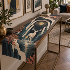 Moonlit White Stag Gallery Wall Table Runner with flat printed optical 3D Art Deco stag scene in midnight navy alabaster teal terracotta and brass