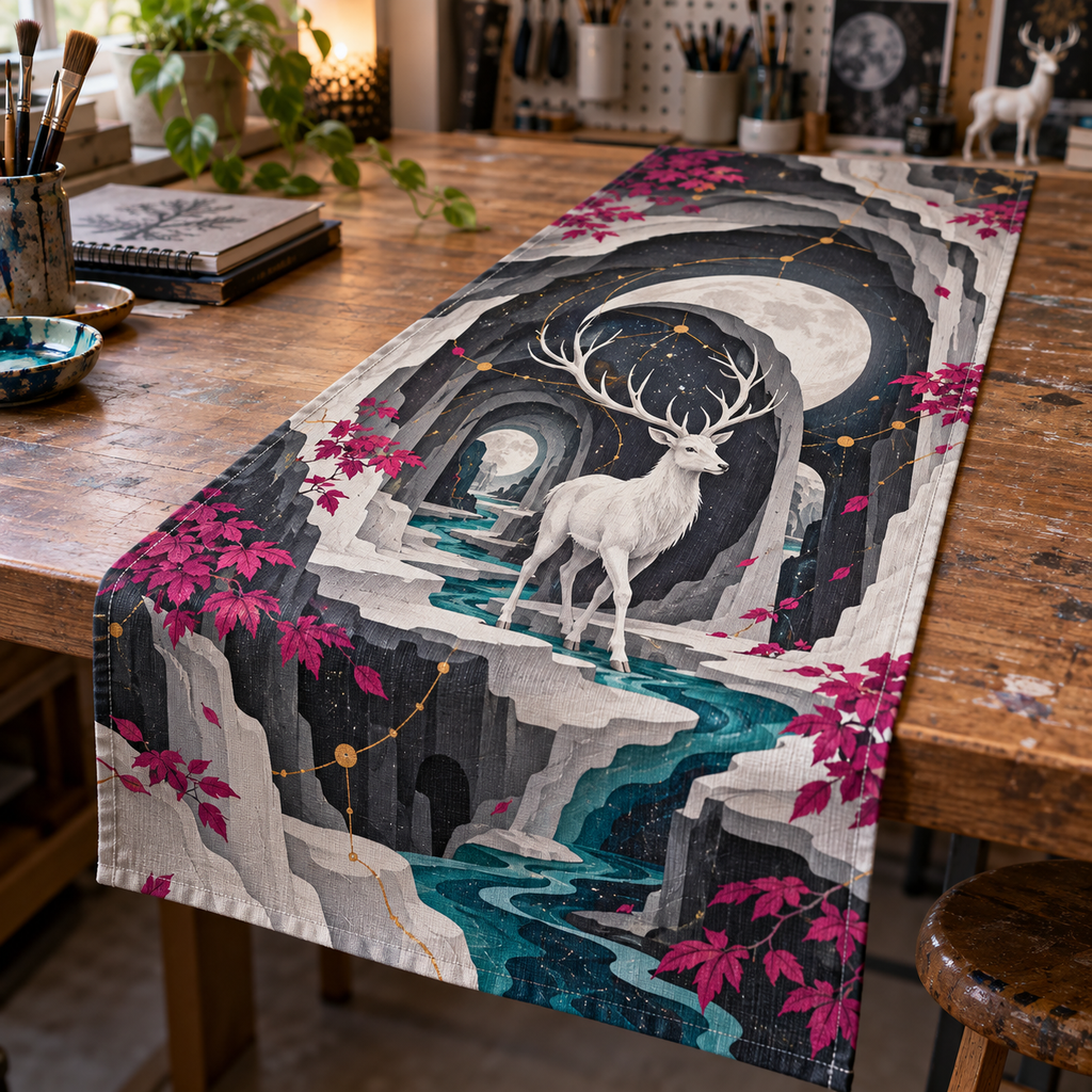 Moonlit White Stag Studio Table Runner with flat printed optical 3D paper cut stag scene in charcoal white cyan magenta and ochre